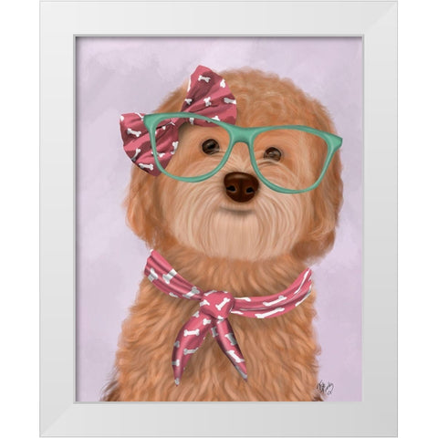 Cockerpoo, Apricot, with Glasses and Scarf White Modern Wood Framed Art Print by Fab Funky
