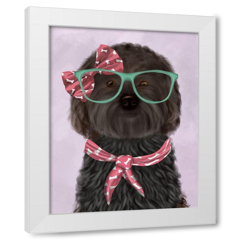 Cockerpoo, Black, with Glasses and Scarf White Modern Wood Framed Art Print by Fab Funky
