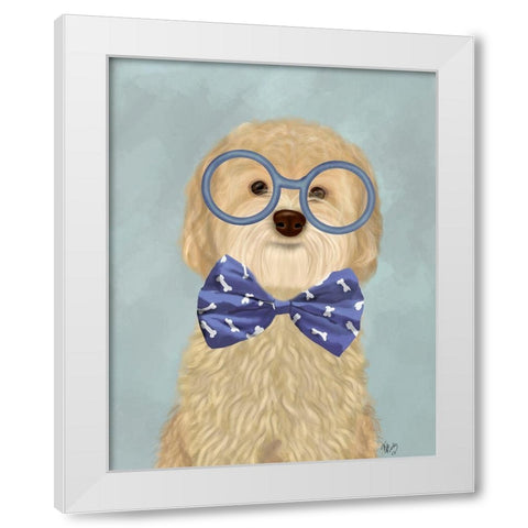 Cockerpoo, Blonde, with Glasses and Bow Tie White Modern Wood Framed Art Print by Fab Funky