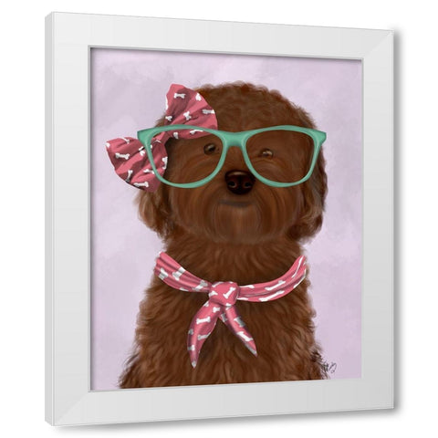 Cockerpoo, Chocolate, with Glasses and Scarf White Modern Wood Framed Art Print by Fab Funky