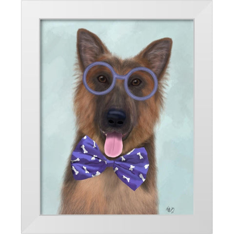 German Shepherd with Glasses and Bow Tie White Modern Wood Framed Art Print by Fab Funky
