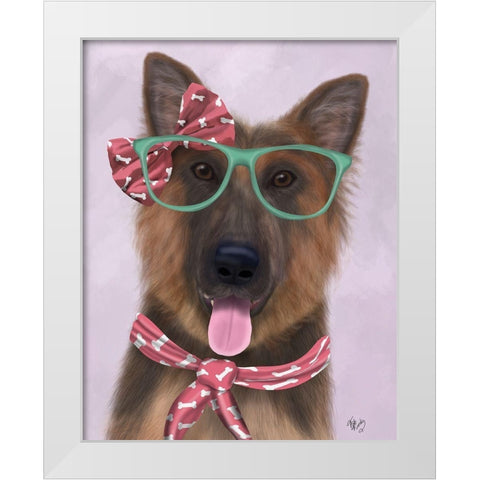 German Shepherd with Glasses and Scarf White Modern Wood Framed Art Print by Fab Funky
