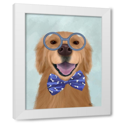 Golden Retriever, Glasses and Bow Tie White Modern Wood Framed Art Print by Fab Funky