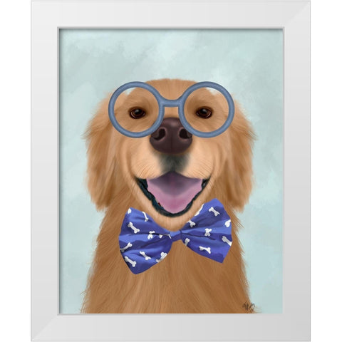 Golden Retriever, Glasses and Bow Tie White Modern Wood Framed Art Print by Fab Funky