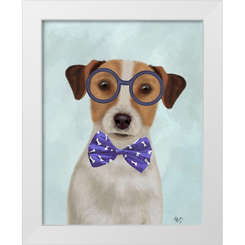 Jack Russell with Glasses and Bow Tie White Modern Wood Framed Art Print by Fab Funky