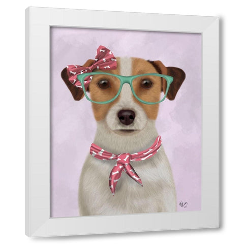 Jack Russell with Glasses and Scarf White Modern Wood Framed Art Print by Fab Funky