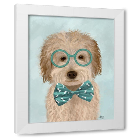 Labradoodle, Cream, with Glasses and Bow Tie White Modern Wood Framed Art Print by Fab Funky