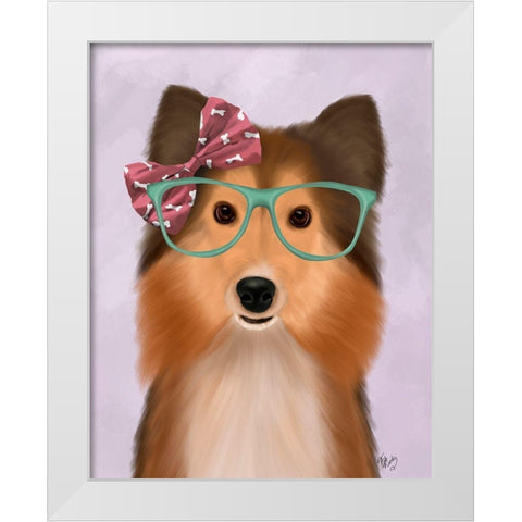 Shetland Sheepdog with Pink Bow White Modern Wood Framed Art Print by Fab Funky
