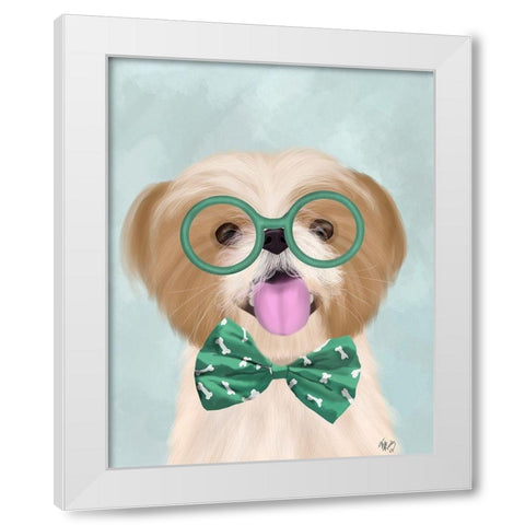 Shih Tsu with Glasses and Bow Tie White Modern Wood Framed Art Print by Fab Funky