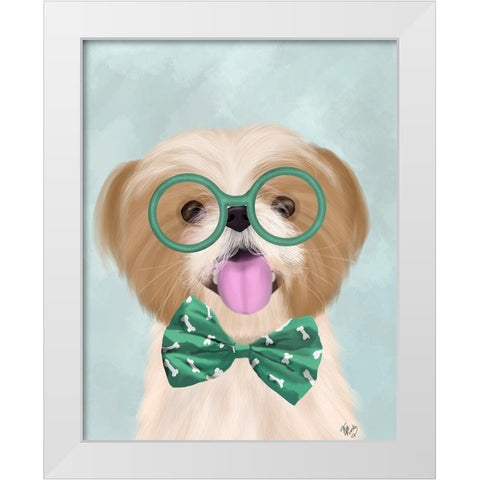 Shih Tsu with Glasses and Bow Tie White Modern Wood Framed Art Print by Fab Funky