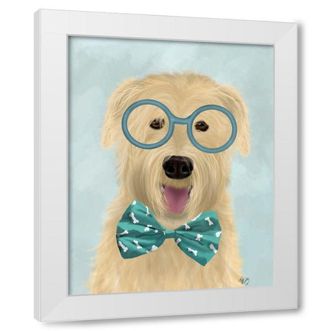 Wheaten Terrier with Glasses and Bow Tie White Modern Wood Framed Art Print by Fab Funky