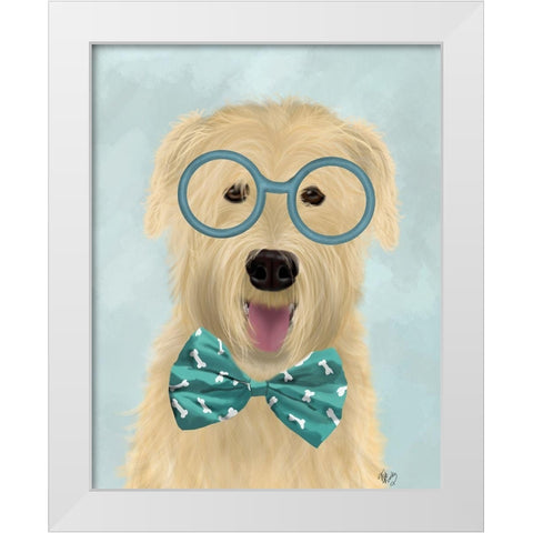 Wheaten Terrier with Glasses and Bow Tie White Modern Wood Framed Art Print by Fab Funky