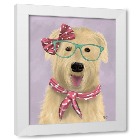 Wheaten Terrier with Glasses and Scarf White Modern Wood Framed Art Print by Fab Funky