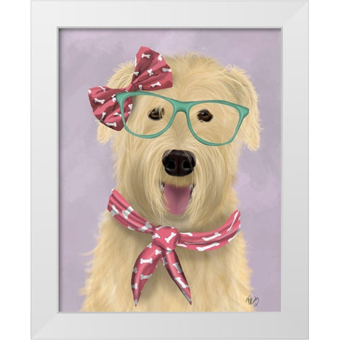 Wheaten Terrier with Glasses and Scarf White Modern Wood Framed Art Print by Fab Funky