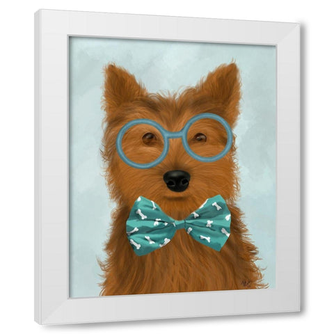 Yorkshire Terrier with Glasses and Bow Tie White Modern Wood Framed Art Print by Fab Funky