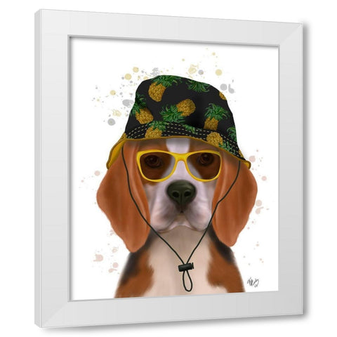 Beagle and Bucket Hat White Modern Wood Framed Art Print by Fab Funky