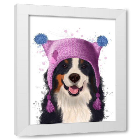 Bernese And Bobble Hat White Modern Wood Framed Art Print by Fab Funky