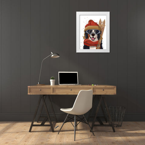 Bernese Ski Dog White Modern Wood Framed Art Print by Fab Funky
