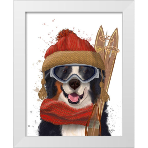 Bernese Ski Dog White Modern Wood Framed Art Print by Fab Funky