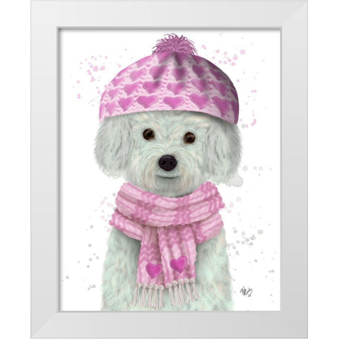 Bichon Frise in Pink Bobble Hat White Modern Wood Framed Art Print by Fab Funky