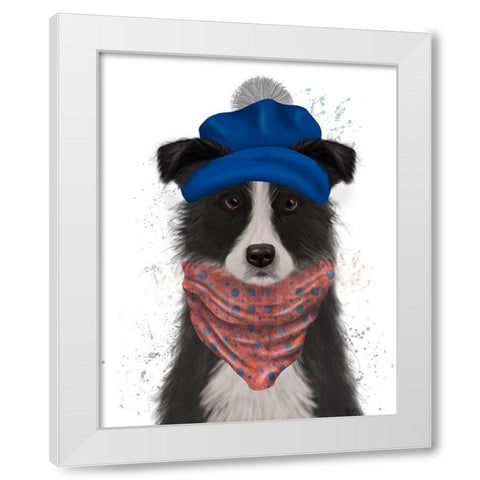 Border Collie in Blue Bobble Hat White Modern Wood Framed Art Print by Fab Funky