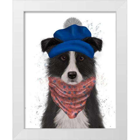 Border Collie in Blue Bobble Hat White Modern Wood Framed Art Print by Fab Funky