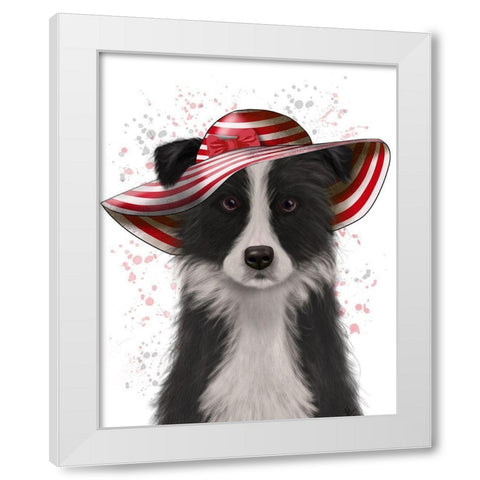 Border Collie in Red and White Floppy Hat White Modern Wood Framed Art Print by Fab Funky