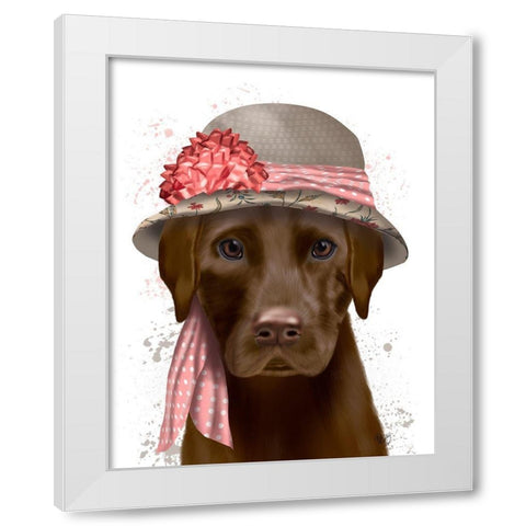 Chocolate Labrador Hat and Pink Scarf White Modern Wood Framed Art Print by Fab Funky