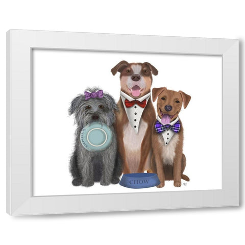 Dinner Dogs, Mutts White Modern Wood Framed Art Print by Fab Funky