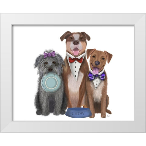 Dinner Dogs, Mutts White Modern Wood Framed Art Print by Fab Funky