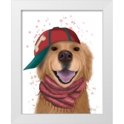 Golden Retriever and Baseball Cap White Modern Wood Framed Art Print by Fab Funky