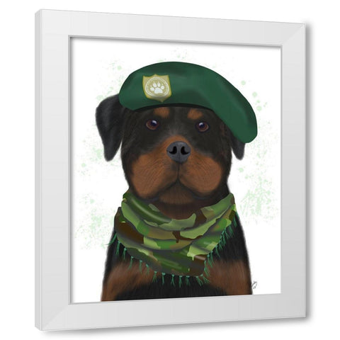 Rottweiler Military Dog White Modern Wood Framed Art Print by Fab Funky