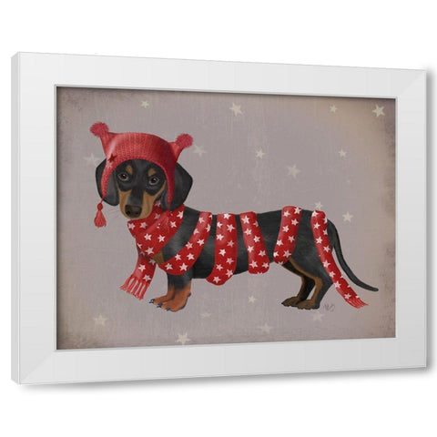 Dachshund and Long Scarf White Modern Wood Framed Art Print by Fab Funky