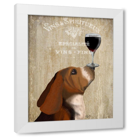 Dog Au Vin, Basset Hound White Modern Wood Framed Art Print by Fab Funky