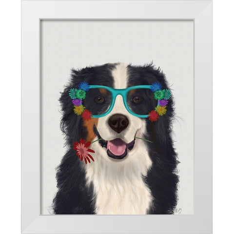 Bernese and Flower Glasses  White Modern Wood Framed Art Print by Fab Funky