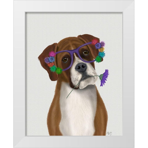 Boxer and Flower Glasses White Modern Wood Framed Art Print by Fab Funky