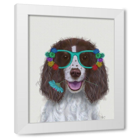 Springer Spaniel and Flower Glasses White Modern Wood Framed Art Print by Fab Funky