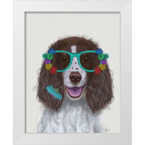 Springer Spaniel and Flower Glasses White Modern Wood Framed Art Print by Fab Funky