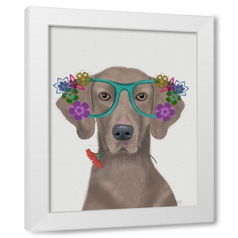 Weimaraner  and Flower Glasses White Modern Wood Framed Art Print by Fab Funky