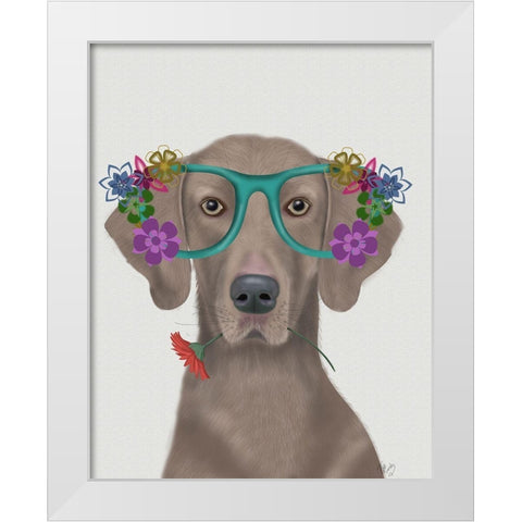 Weimaraner  and Flower Glasses White Modern Wood Framed Art Print by Fab Funky