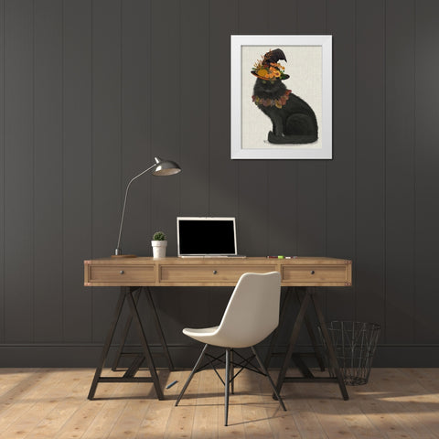 Black Cat with Autumn Hat, Full White Modern Wood Framed Art Print by Fab Funky