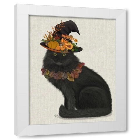 Black Cat with Autumn Hat, Full White Modern Wood Framed Art Print by Fab Funky