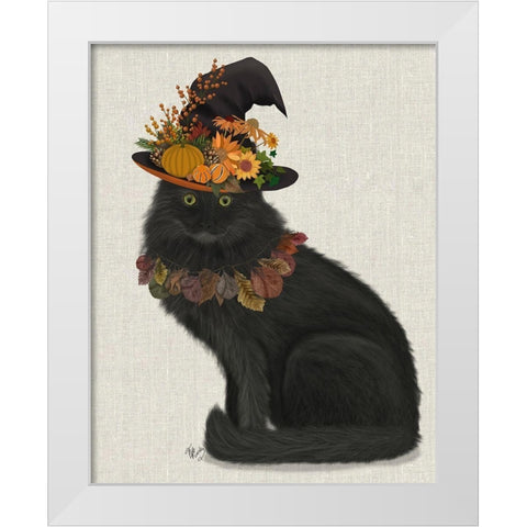 Black Cat with Autumn Hat, Full White Modern Wood Framed Art Print by Fab Funky