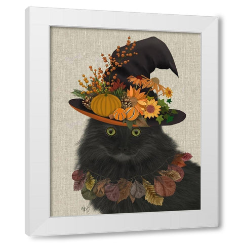 Black Cat with Autumn Hat, Portrait White Modern Wood Framed Art Print by Fab Funky