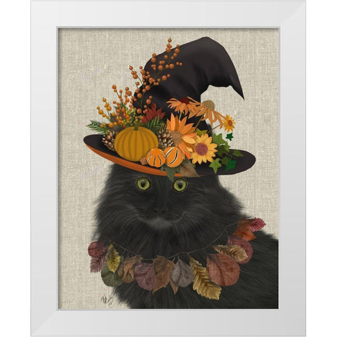 Black Cat with Autumn Hat, Portrait White Modern Wood Framed Art Print by Fab Funky