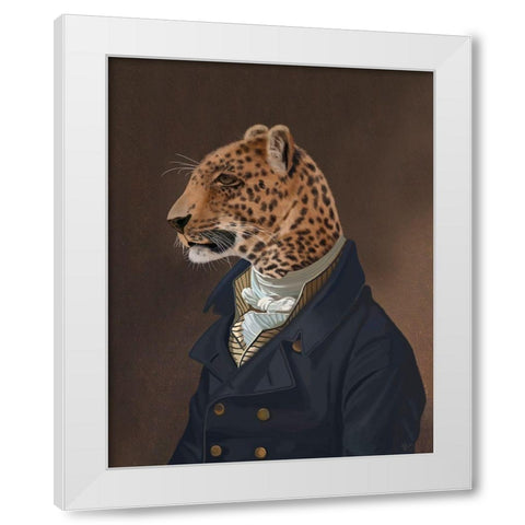 Leopard in Blue Jacket White Modern Wood Framed Art Print by Fab Funky