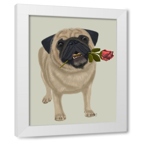 Pug and Rose White Modern Wood Framed Art Print by Fab Funky