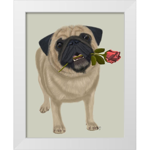 Pug and Rose White Modern Wood Framed Art Print by Fab Funky