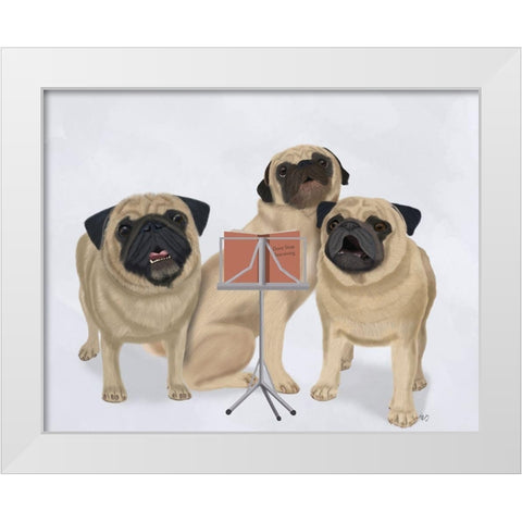 Pug Choir White Modern Wood Framed Art Print by Fab Funky