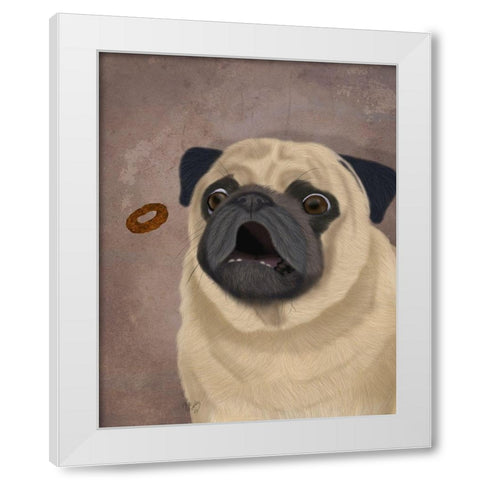 Pug, Catch 1 White Modern Wood Framed Art Print by Fab Funky